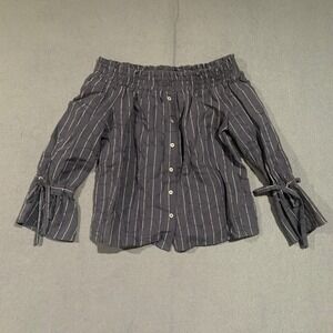 Lucky Brand Off Shoulder Blouse Top Striped XS Long Sleeve Button‎ Up Tie Cuff